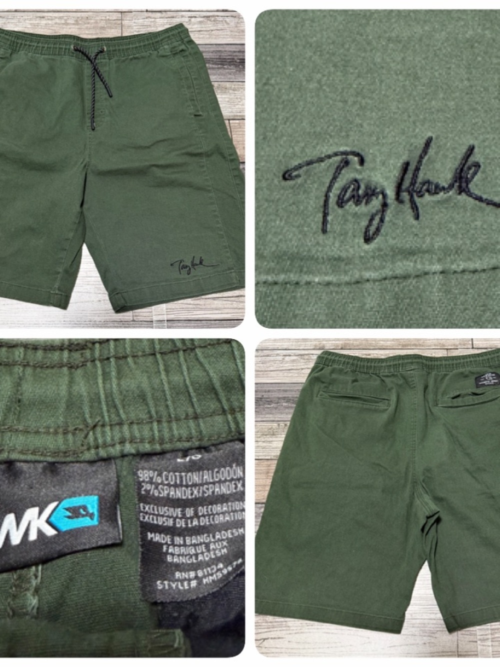 Tony Hawk Drawstring Chino Shorts Men’s L Green (Inseam 8) Stretch Casual